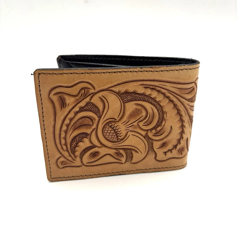 Vintage 80s 90s Handmade Floral Tooled Tan Genuine Leather Men's Bifold Wallet